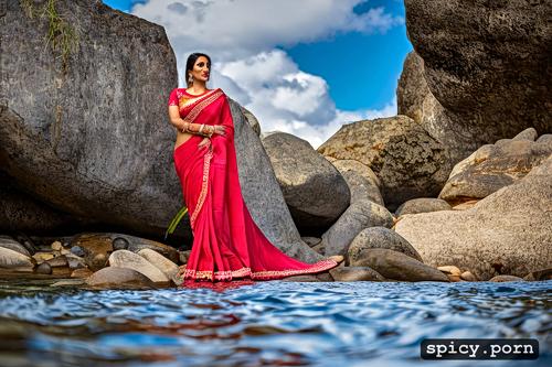 as if she is fully aware of her beauty and perfection, adorned in an elegant saree