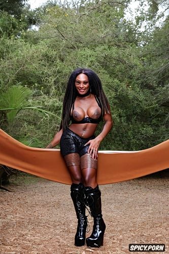 wearing clear pvc pants and long boots, ebony shemale with dreadlocks