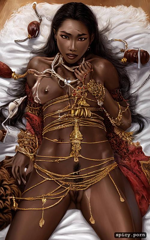 dark skin, very shy, ultra detailed, realistic, chained to bed with rusty iron chains