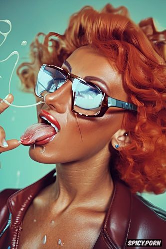 red curly hair, big glasses with massive frame, cumshot, sperm in mouth