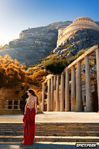 pale skin, historical greek buildings in the background, traditional greek woman