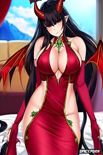 futanari, horns, black hair, naked, slender demon, red skin