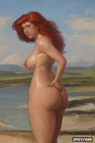 grabbing her boobs, full pubic hair wind in hair, red hair, natural saggy flaccid breasts