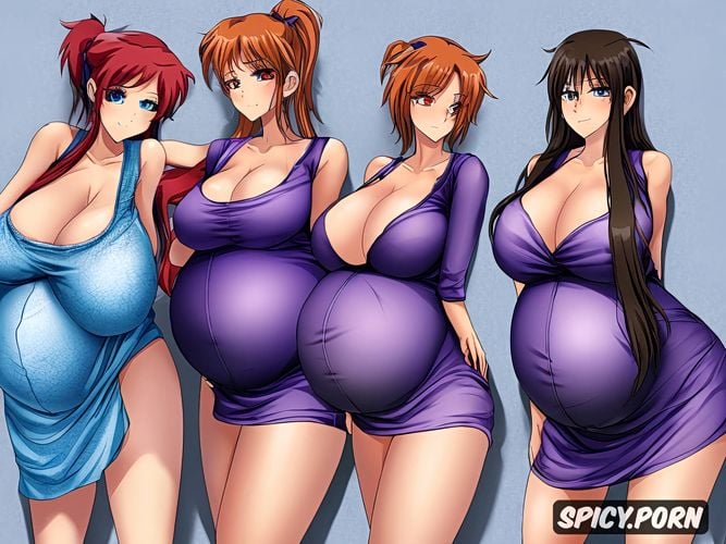 a group of pregnant teens with big tits posing in front of a wall