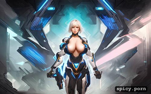 full body female partially nude, vibrant, strong warrior robot