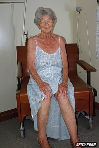 grey hair, very old granny, wearing hospital gown, spreading legs