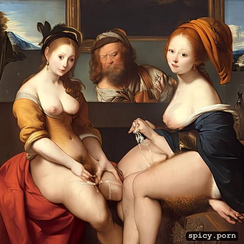 high detail, submissive, facing camera, two pale redhead amateur women sitting next to each other with their legs open and hairy vaginas exposed