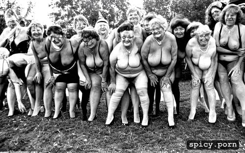 imagine 90 year old grannies group posing for pornography, very hairy old pussy