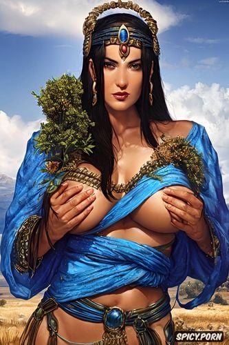 topless, gorgeous single olive tree, presenting her breasts in her hands