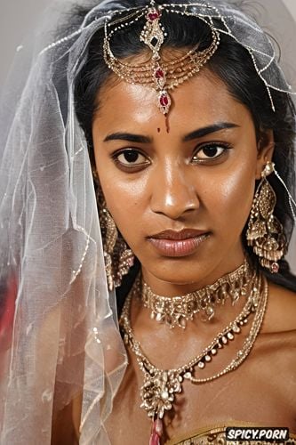 a beautiful late teens petite indian villager bride, her delicate features etched with fear and shame