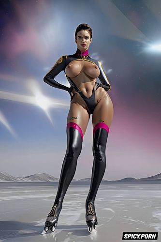 ice skates bladerunner, fat thighs, female officer, long legs