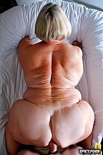 white granny, squatting, rear view, hyperrealistic pregnant pissing muscular thighs red bobcut haircut