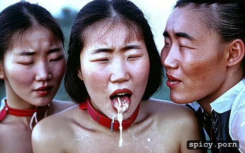 three females, submissive pose, licking up cum, cum on face