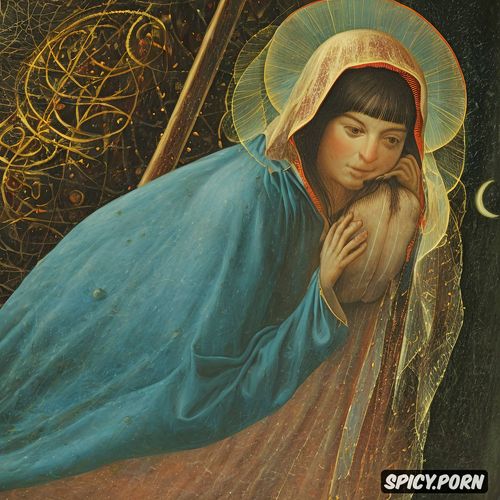 masterpiece painting, blue coat, holy virgin mary, black hair