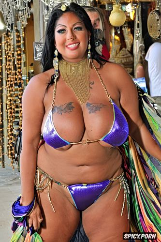 in an oriental bazaar, massive saggy breasts, color photo, beautiful1 75 bellydance costume with matching bikini top