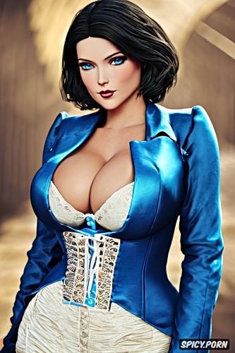 elizabeth bioshock infinite beautiful face pale skin blue eyes short black hair corset blue bolero jacket and a blue long skirt no makeup shy