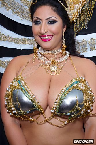 performing in an oriental bazaar, massive saggy breasts, color photo