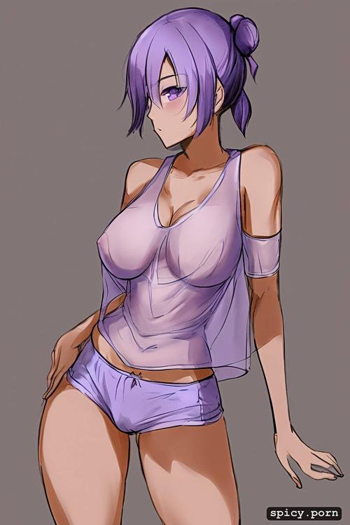 purple eyes, one pretty naked female, tanktop with underboob and short shorts