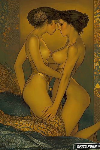 klimt, golden, soft skin, spreading legs, 2 women in darkened bedroom with fingertip nipple