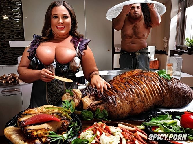 human bbw asbeing roasted baked cooked spitroasted like an pork and the roasted baked cooked human bbw is served to humancannibal in a cooking pan for cooking roasting baking human whit it for humancannibalism antrophagie gynophagia