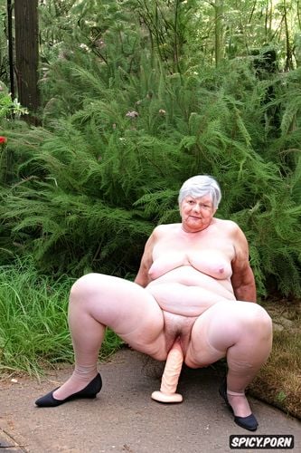 perfect obese face, intense eye contact, obese ugly ssbbw granny squatting on dildo dildo halfway in her anus