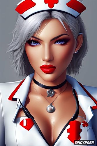 ashe overwatch female nurse black nurse scrubs white undershirt scrub top opened beautiful face full lips milf