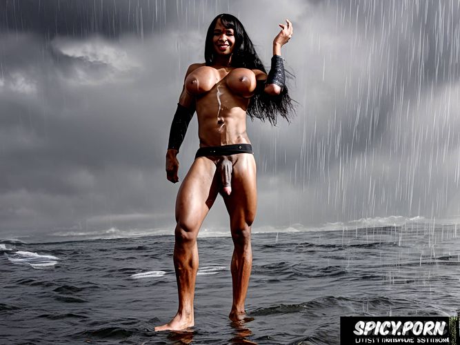 wearing a stoneage loincloth, rain, big red glans, a transgener female look with huge dick
