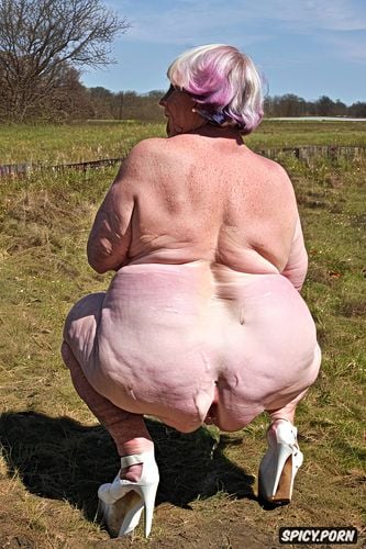 white granny, squatting, rear view, hyperrealistic pregnant pissing muscular thighs red bobcut haircut tanned