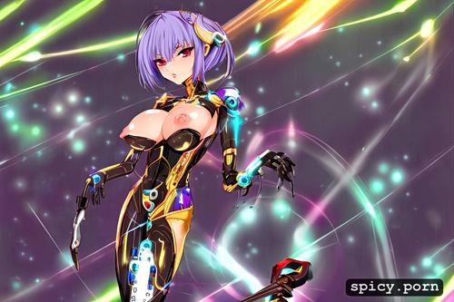perfect body, 19 years old, rainbow hair, metal shiny skin, silicon breasts