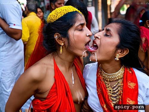 two indian women, cum on face, crowded public street, cum kissing