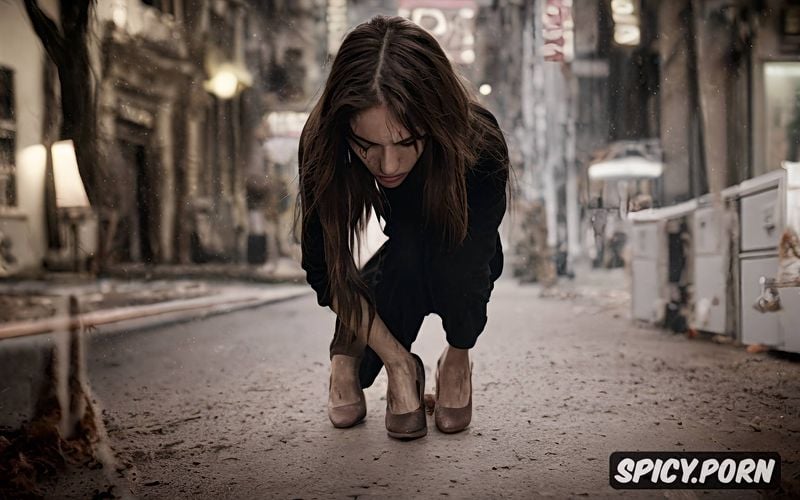 18 years old ukraine female, zombie is between legs, black high heels