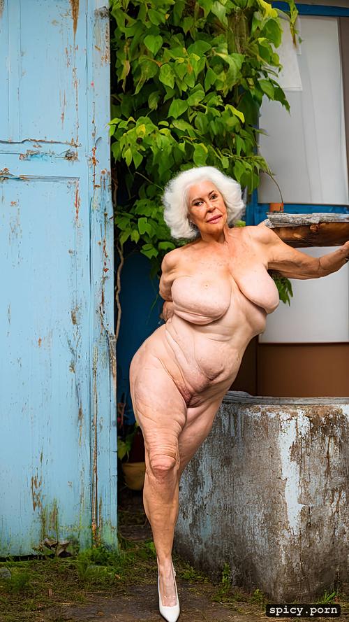 spread big legs, wrinkled body, fat granny, photo realistic