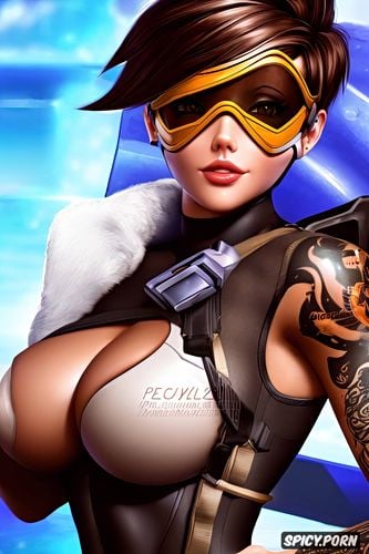 tracer overwatch beautiful face young full body shot, tattoos small perky tits tight black bodysuit masterpiece