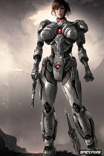 strong warrior robot, mech, precise lineart, nude, busty, intricate