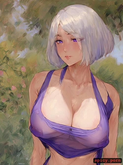 white hair, hy1ac9ok2rqr, 3dt, see through tanktop with underboob