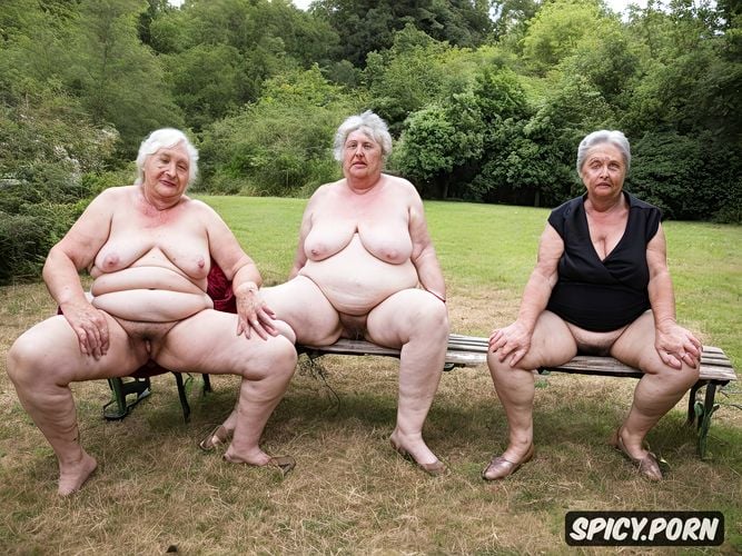stunning face, hairy pussies visible, two old naked fat grannies sitting on a park bench with their legs spread