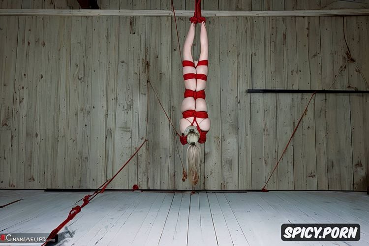 waist to face shot, bondage, blonde hair bun, looking at the viewer