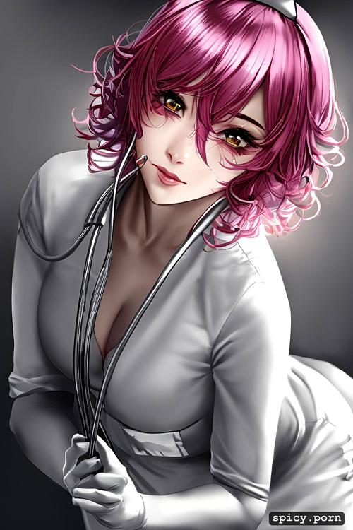 bar, cute face, short, pink hair, curly hair, nurse, exotic man