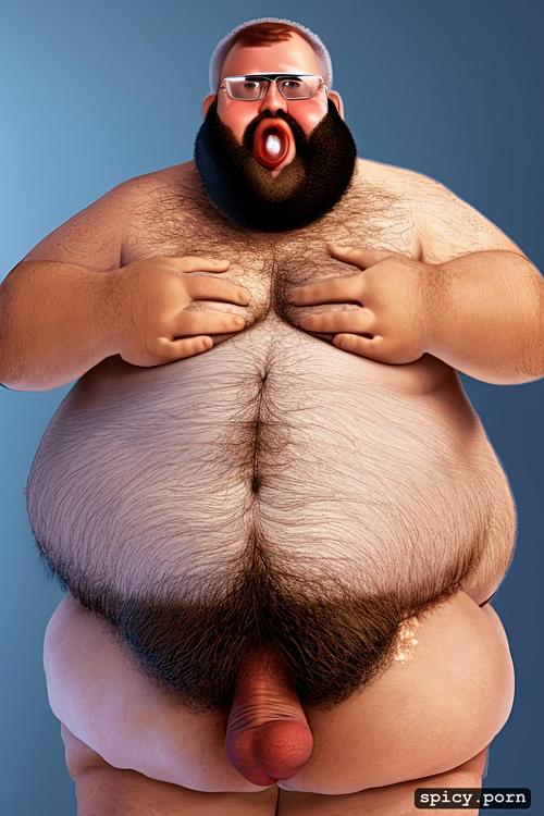 cum on penis, realistic very hairy big belly, cute round face with beard and glasses