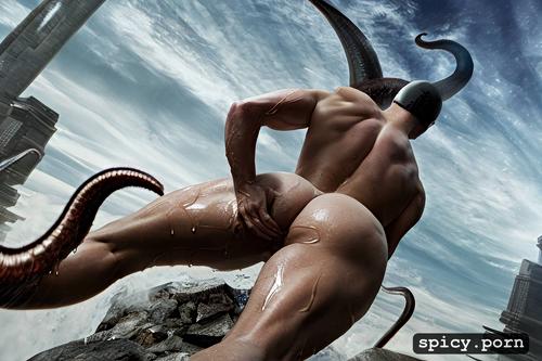 tentacles spit roasting man, one naked, man, tentacles jerking off dick
