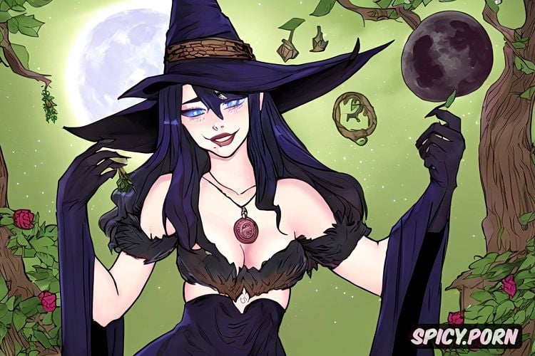 small tits, pentagram, succubus, blue eyes, witch hat, pale skin