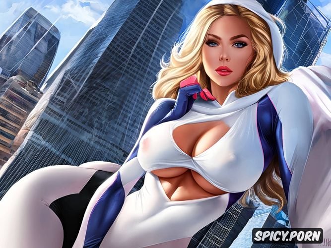 new york city skyscraper, exposed breasts, spider gwen, round pert ass