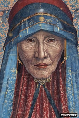 old grandmother, portrait olivia munn, wrinkled skin, wearing red tunic