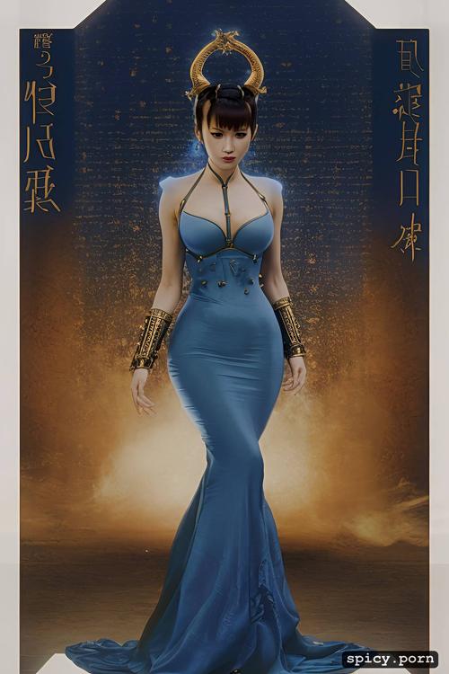 chun li, title headline, dark blue and gold dress, armpit, nylon pantyhose