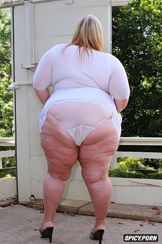 obese, gilf, blonde pixie hair, topless, big ass, wide hips