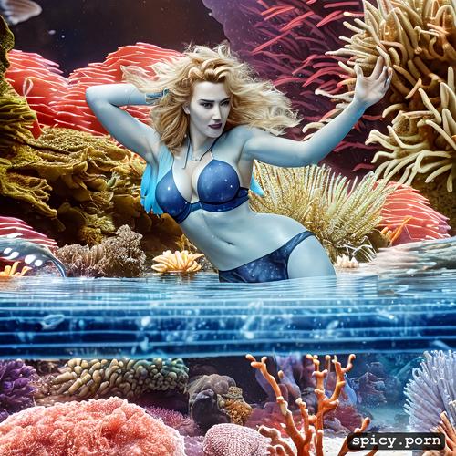 visible nipple, gorgeous symetrical face, kate winslet as blue alien from the movie avatar kate winslet swimming underwater near a coral reef wearing tribal top and thong