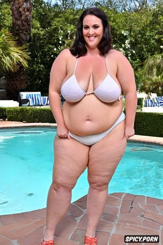 bikini, massive saggy boobs, smiling white woman, very wide hips