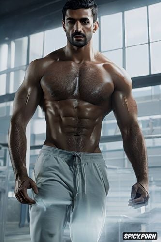 lebaneese, beautiful masculine face, ropeed and bondaged bodybuilder