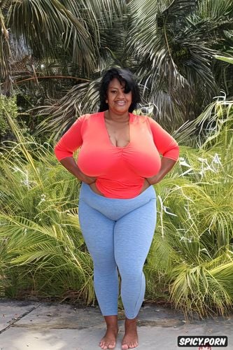 very large and round areolas, full body shot, yoga pants, solid colors