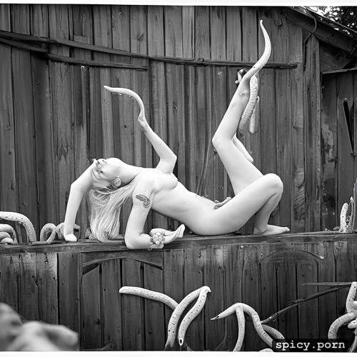 detailed skin, ultra glossy skin, nude teen female play to tentacle dildo